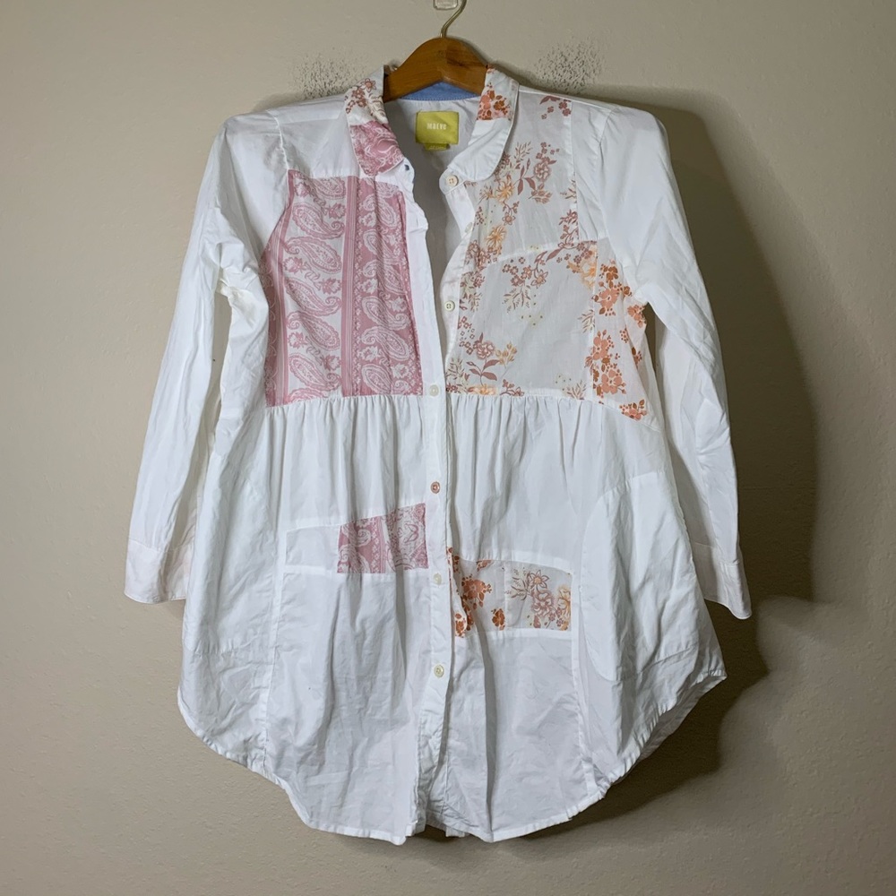 Anthropologie Maeve 100% Cotton Patchwork Bohemian Tunic Button Down Top S